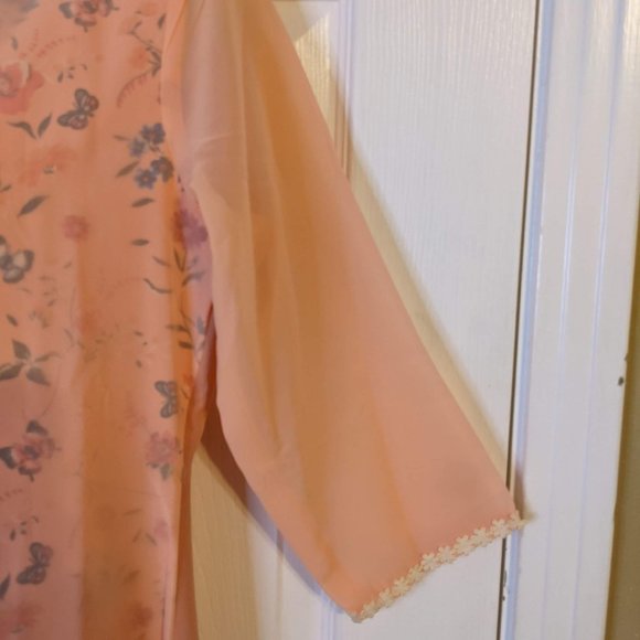 Janasya Floral Peach Sheer Crepe Overlay 3/4 Sleeves Maxi Dress - S/M NWT - Picture 2 of 6